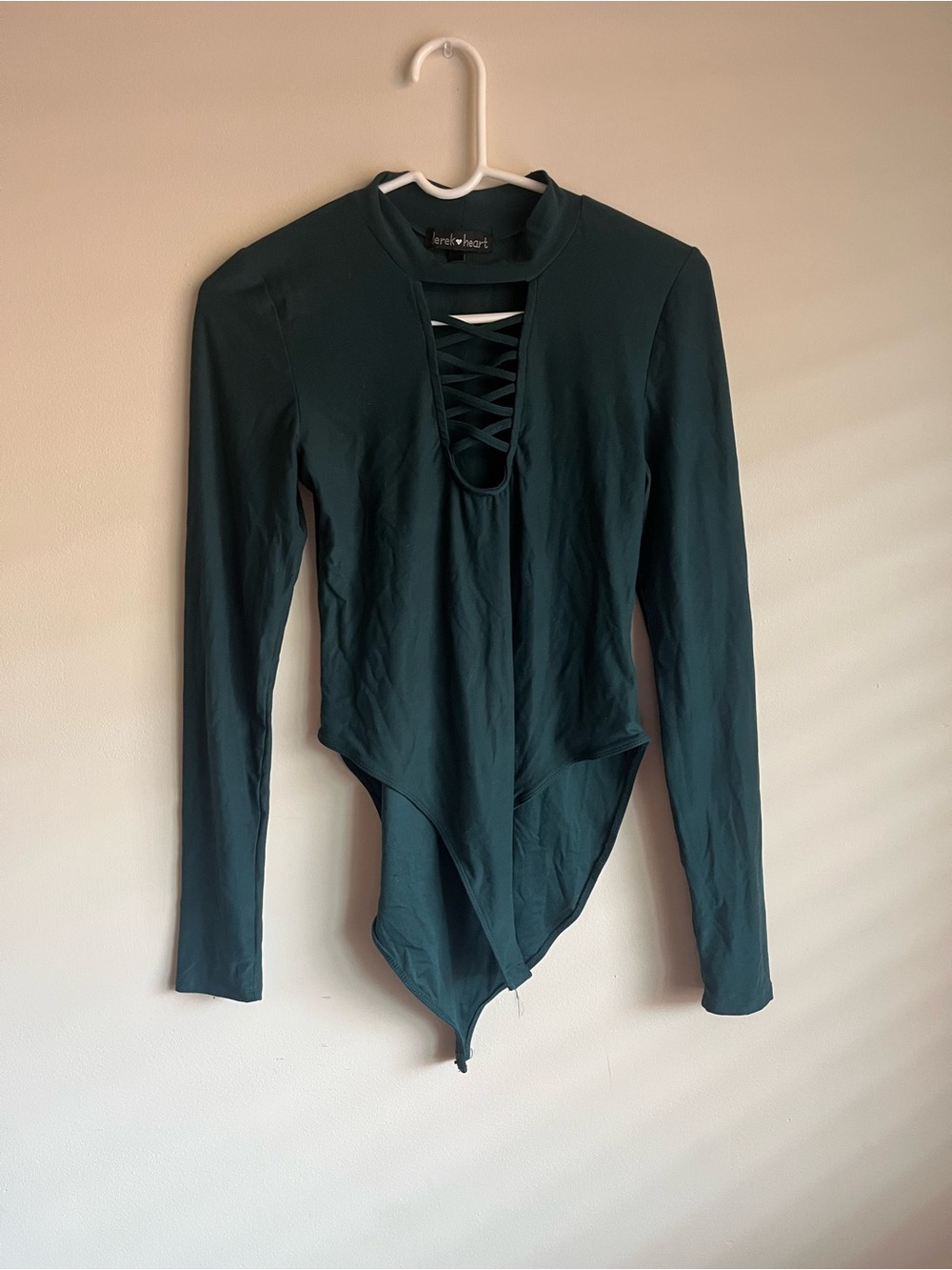 Dark Green Lace-Up Long Sleeve Bodysuit